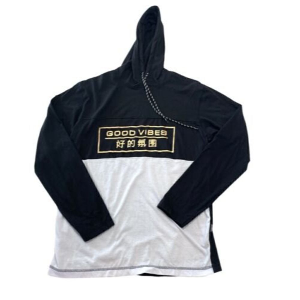 Men’s DISTORTION Black / White/Gold  Long Sleeve Hooded Tee / T-shirt Size Med